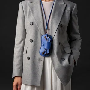 Blue neck-hanging leather glasses case portable anti-pressure sunglasses storage bag holder