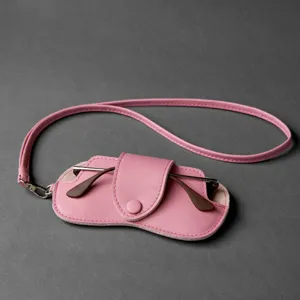 Leather neck strap eyeglasses case pink portable glasses storage bag detailed view showcase.