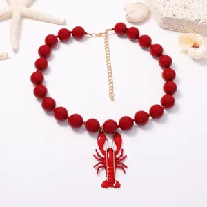 Collier pendentif homard perles rouges vacances d'été, bijoux tendance alliage femmes.