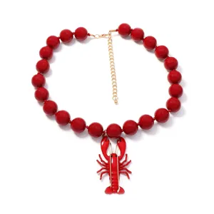 Collier de perles rouges d'été avec pendentif homard ludique et chaîne d'extension dorée