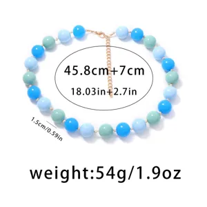 Colorful macaron beaded necklace in blue and green, featuring length 45.8cm plus 7cm extension.