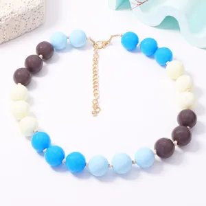 Colorful macaron beaded necklace detail view, adjustable chain stylish aesthetic choker for women.