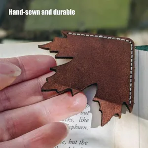 Handmade leather maple leaf corner bookmark, durable vintage page marker for book lovers.