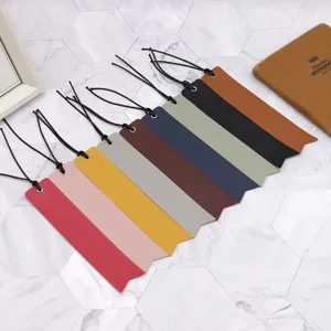 Colorful PU leather bookmarks set with black strings, durable reading page markers for books.