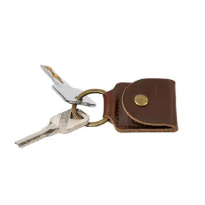 Portable genuine leather guitar pick case with keyring, vintage snap button key holder pouch.