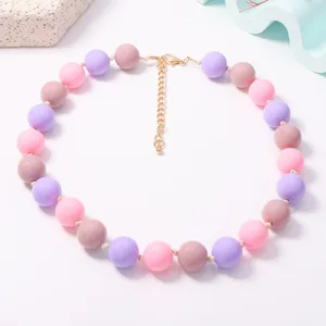 Macaron colorful round beaded necklace, cute chunky bead choker for women daily wear.