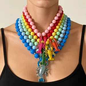 Collier de Perles Rondes en Plastique Résine Vacances Chaîne à Billes Colorée Avec Pendentif Homard en Alliage Ras du Cou Tendance Collier de Plage pour Femme Bijoux