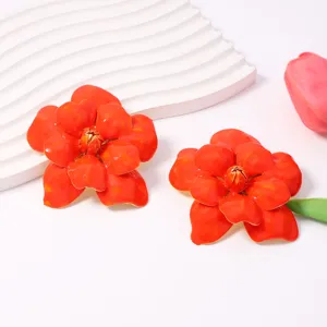 Exaggerated red flower earrings for women, stylish floral drop earrings for daily commute.