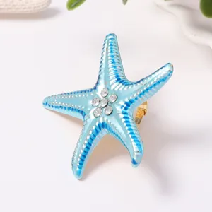 Exquisite blue gradient rhinestone starfish adjustable ring beach summer women jewelry