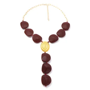 Collana Y in lega vintage esagerata con perline marroni e pendente dorato chic