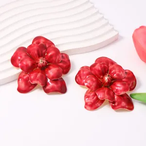Red glossy flower earrings oversized statement camellia floral jewelry elegant stylish women