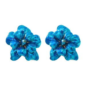 Exquisite blue camellia flower earrings for women, stylish floral ear studs detail.
