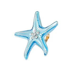 Blue enamel starfish ring with sparkling rhinestones, perfect beach style adjustable jewelry.