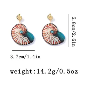 Dettaglio orecchini a nautilo in acrilico con specifiche di dimensioni e peso.