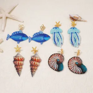 Orecchini pendenti in acrilico con soggetto marino pesce medusa conchiglia donna, gioielli.