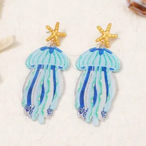 Orecchini pendenti a medusa in acrilico blu con perno a stella marina dorata da donna.