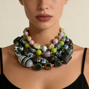 Collana da Donna Catena a Sfera Geometrica Irregolare in Plastica Vintage Elementi Geometrici Perla Artificiale Fatta a Mano Gioielli da Collo per Festa Quotidiana