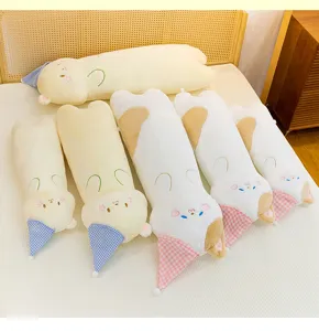 Close-up detail of cute cat long plush pillow, soft toy for bedroom bed and sofa decoration.
