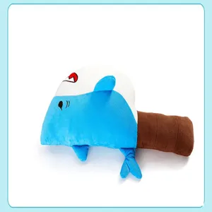 Shark knife plush toy detail view, funny meme stuffed animal pillow close up, soft material.