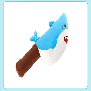 Detail view of the funny shark knife plush pillow toy, showing cute embroidery features.