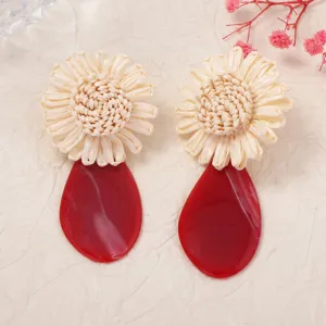European and American niche design raffia woven flower red acrylic teardrop dangle earrings.