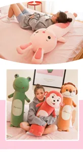 Long plush animal body pillow for sleeping, cute rabbit frog monkey lion soft bed doll toy.