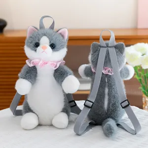 Cute plush grey cat backpack stuffed animal school bag lovely gift for kids and girls