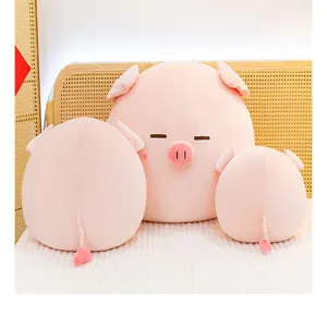 Close-up view of cute pink pig plush pillows detail, soft cartoon animal cushion for home decor.