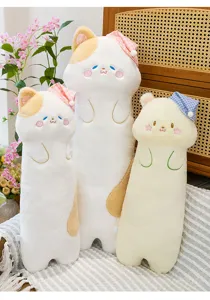 Cute plush long cat and bear body pillows, soft sleeping cushion and cozy sofa room decor.