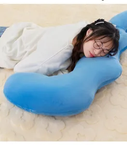 Comfortable blue wave-shaped long body pillow for sleeping and sofa support plush material.