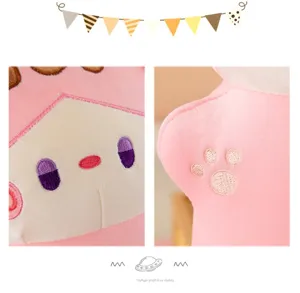 Detailed view of the cute pink cat plush toy pillow featuring exquisite embroidery features.