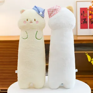 Cute cat long plush pillow, soft sleeping bolster cushion for bed and sofa decoration, cozy toy.