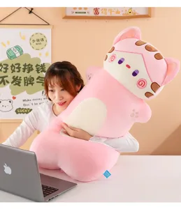 Cute sleepy cat plush toy long pillow soft pink hugging cushion for bedroom sofa gift.