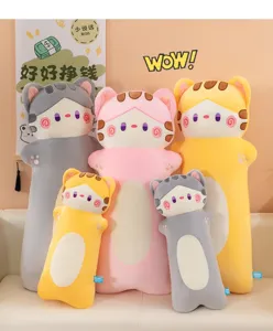 Cute sleeping cat long plush pillow toy, soft stuffed animal body cushion for kids gift.