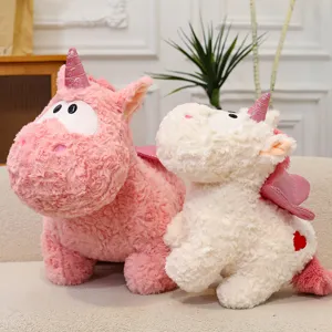 Simpatico peluche unicorno rosa e bianco con grandi occhi, corno glitterato e ali.