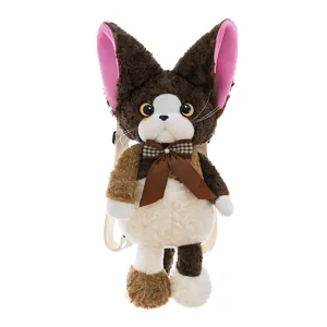 Zaino gatto in peluche riccio vista frontale, borsa scolare cartone animato soffice per uso quotidiano.
