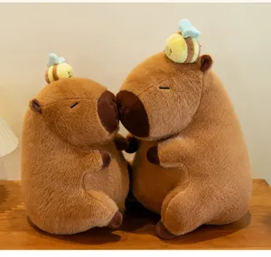 Simpatico peluche capibara con ape sulla testa, morbido cuscino bambola animale per regalo.