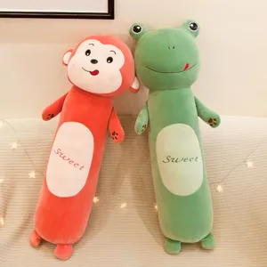 Cute long animal plush pillow, soft monkey and frog bolster doll for sleeping and bed hug.