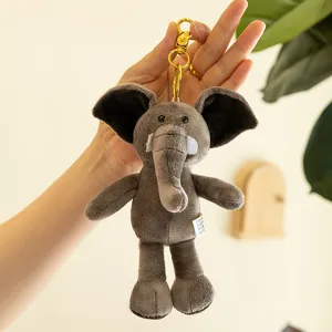 Cute gray elephant plush keychain bag charm soft animal toy with gold metal clasp hook for keys