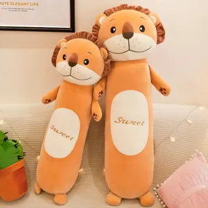 Cute long lion plush pillow soft cylindrical hugging doll bed cushion for girls kids