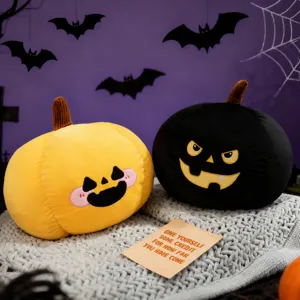 Cute Halloween pumpkin plush pillow set, soft stuffed toy for holiday home decoration.