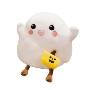 Cute Halloween ghost plush toy with pumpkin bag soft doll pillow for holiday decor and gift.