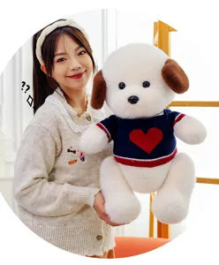 Cute plush teddy dog toy with red heart blue sweater soft stuffed animal for kids gift