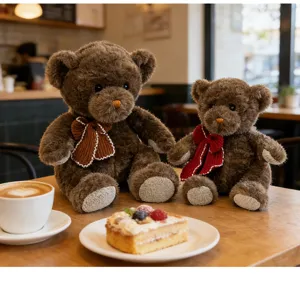 Detailed view of cute brown teddy bear plush toys with knitted bow ties, cozy cafe setting.