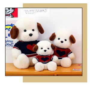 Cute plush puppy toy with heart sweater, soft stuffed animal doll for kids soothing gift.