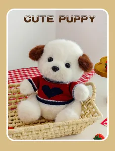 Cute puppy plush toy wearing a red heart sweater, flexible joint doll for home photography decor.
