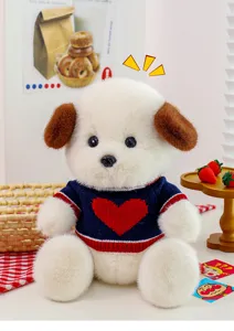 Cute plush dog toy with red heart knit sweater soft jointed puppy doll for sweet home decor