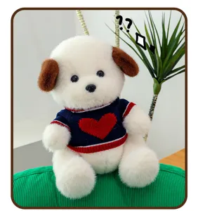 Cute cartoon teddy dog plush toy with heart sweater, soft stuffed animal doll for kids gift.