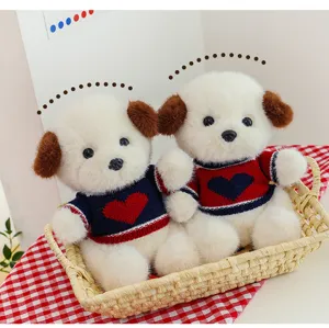 Cute plush teddy dog toy with sweet heart sweater, soft stuffed animal doll for kids home decor.