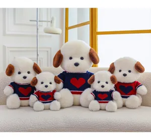 Cute plush puppy toy set with heart sweater, soft stuffed animal doll for home decor and gift.
